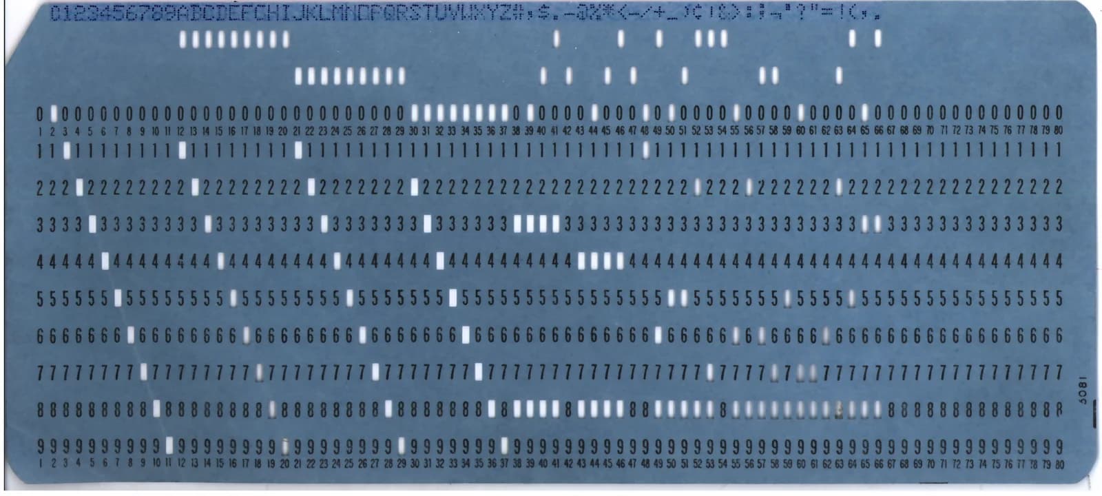청회색 IBM식 천공카드의 1번부터 80번 열과 0번부터 9번 행 곳곳에 흰 직사각형 구멍이 뚫려 있고 위쪽에는 숫자·영문자·특수문자 부호가 나열된 실제 사진